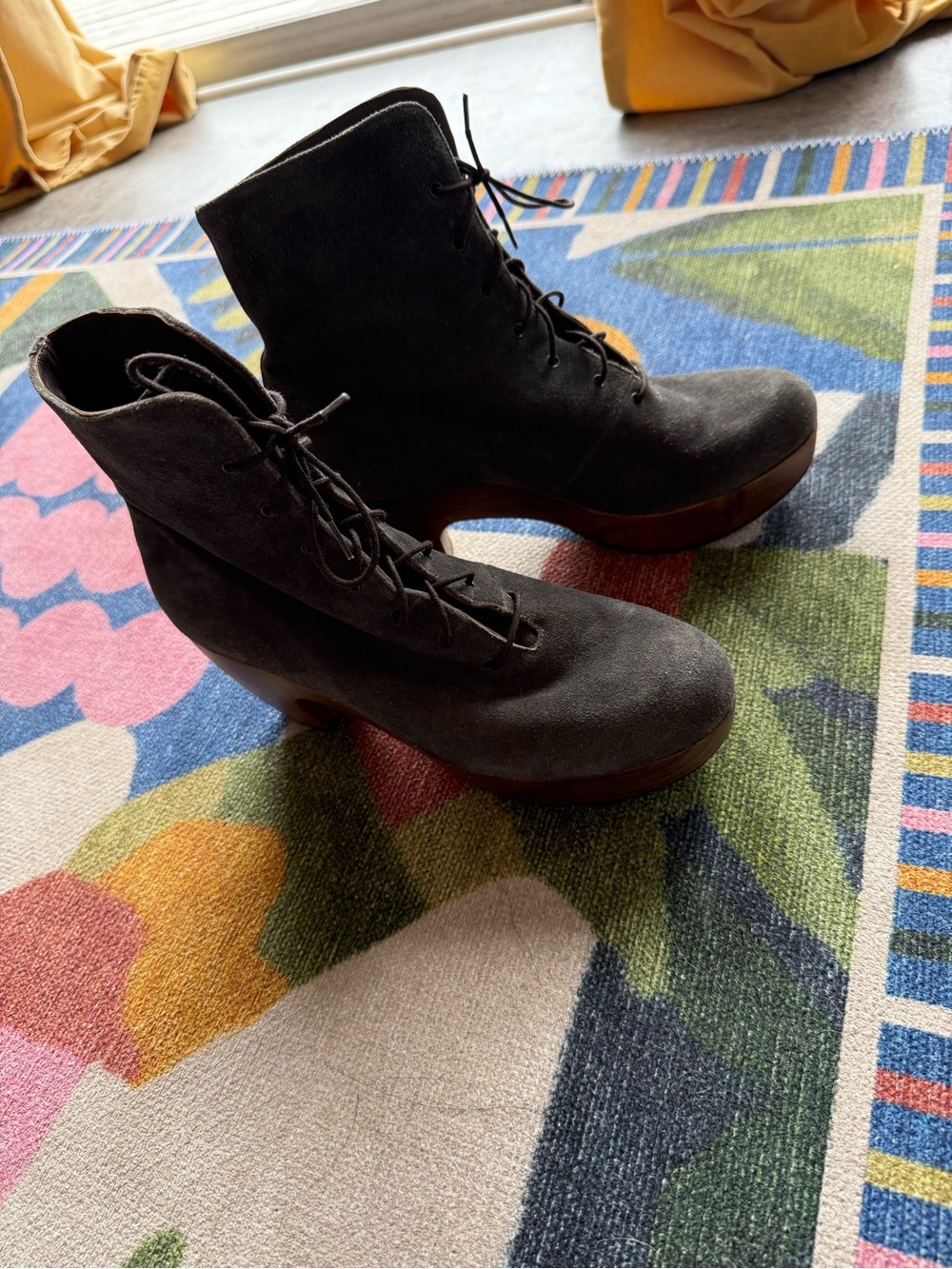Coclico Lace-Up Suede Ankle Boots in Gray with Wooden Platform Heel - Picture 3 of 9